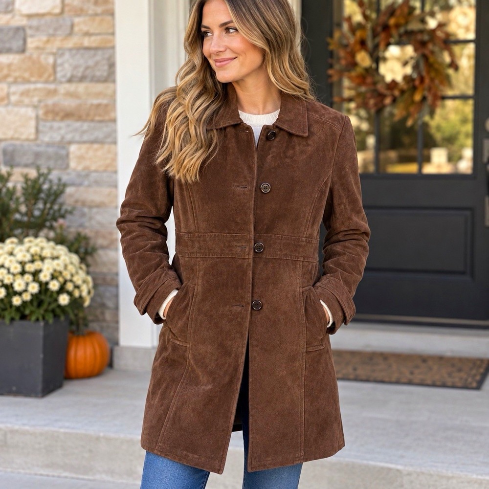 Colebrook Women's Brown Suede Leather Button Front Lined Mid-Length Coat Large